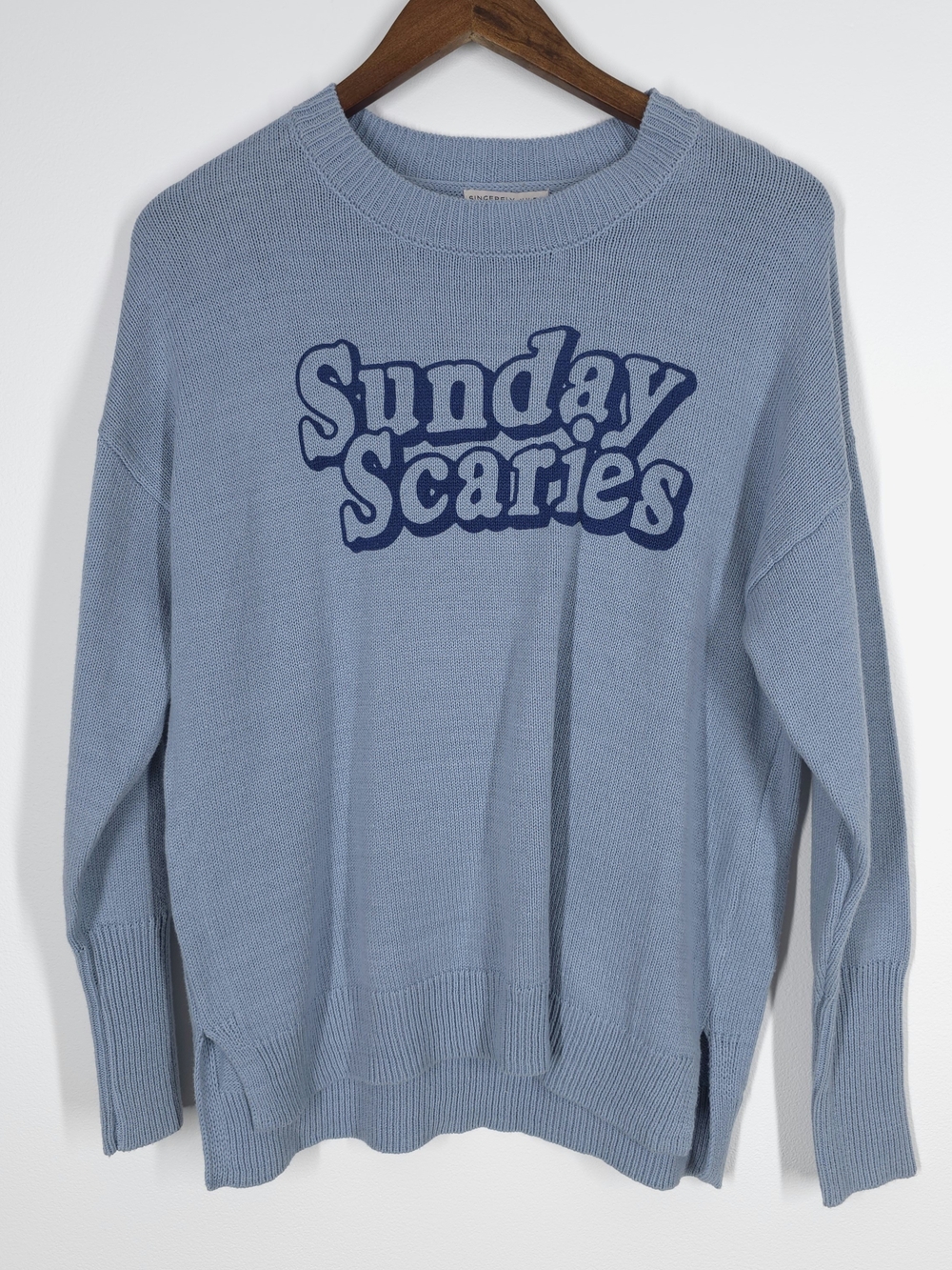 Sincerely Jules Sunday Scaries Blue Graphic Sweater Size M NWT